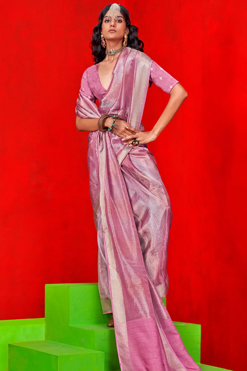 Innovative Pink Soft Banarasi Silk Saree With Gleaming Blouse Piece - Image 2