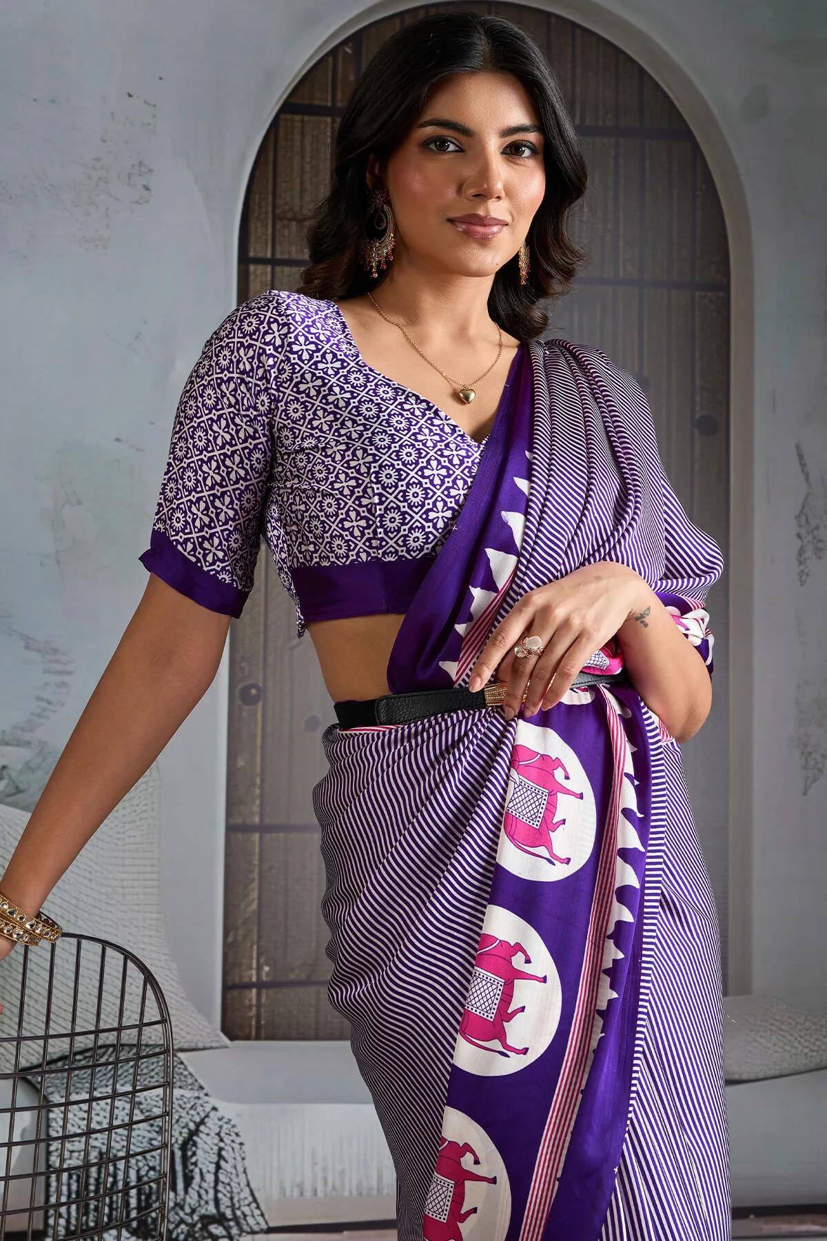 Innovative Purple Ajrakh Printed Satin Silk Saree With Transcendent Blouse Piece - Image 2