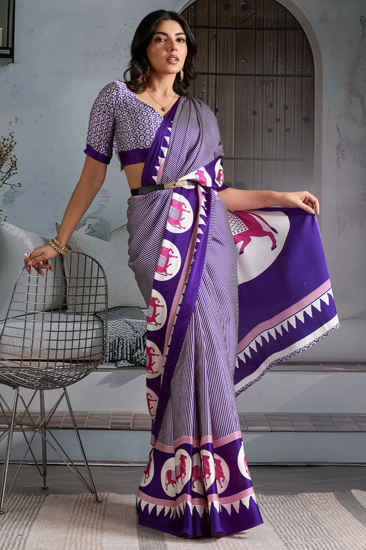 Innovative Purple Ajrakh Printed Satin Silk Saree With Transcendent Blouse Piece - Image 5