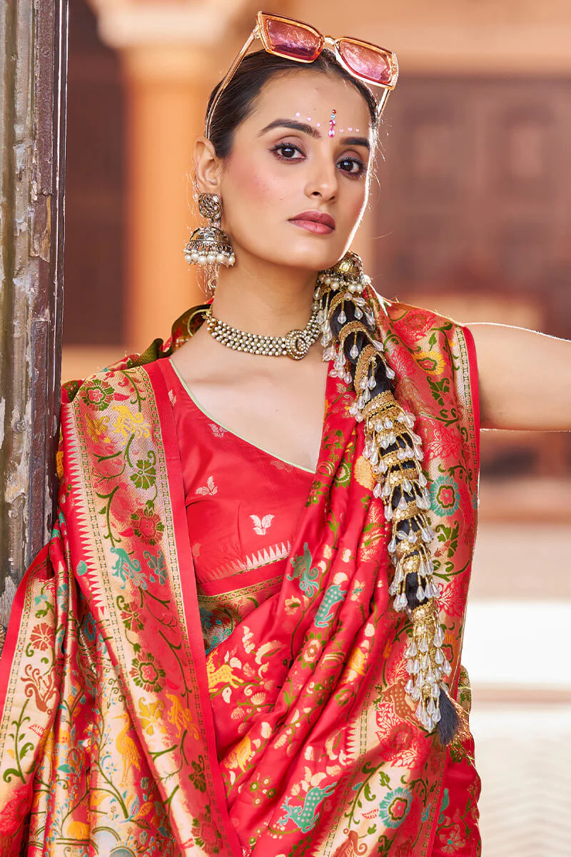 Innovative Red Paithani Silk Saree With Bucolic Blouse Piece - Image 2