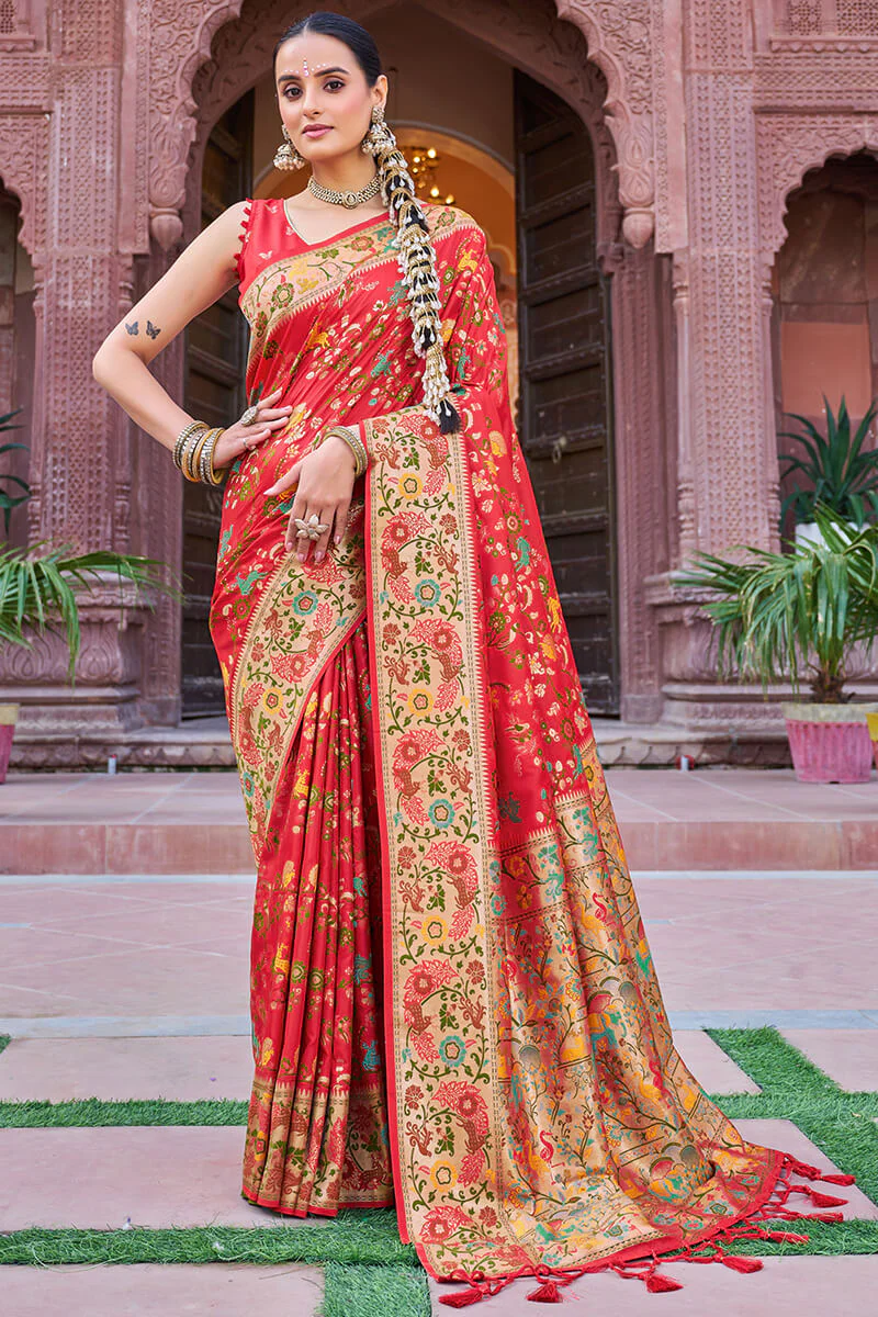 Innovative Red Paithani Silk Saree With Bucolic Blouse Piece - Image 3