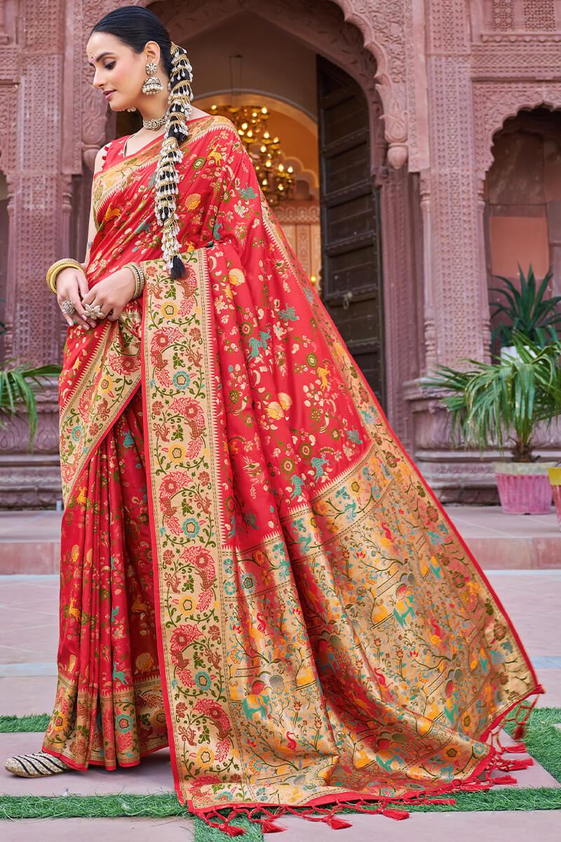 Innovative Red Paithani Silk Saree With Bucolic Blouse Piece - Image 4