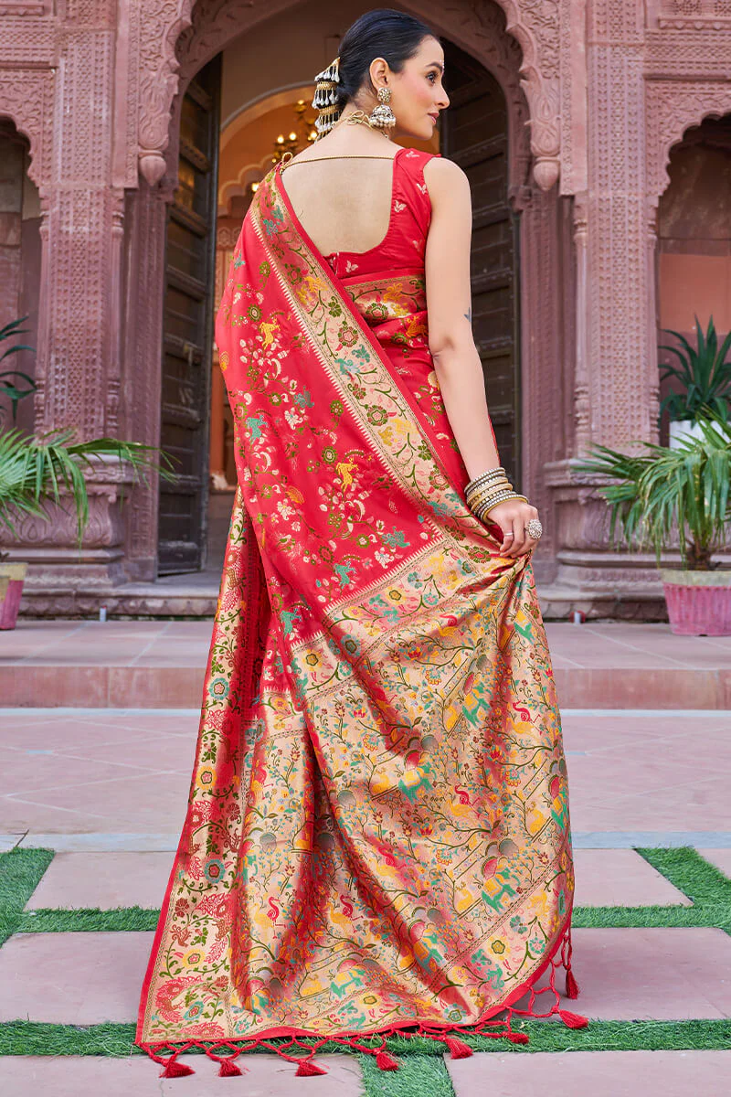 Innovative Red Paithani Silk Saree With Bucolic Blouse Piece - Image 5