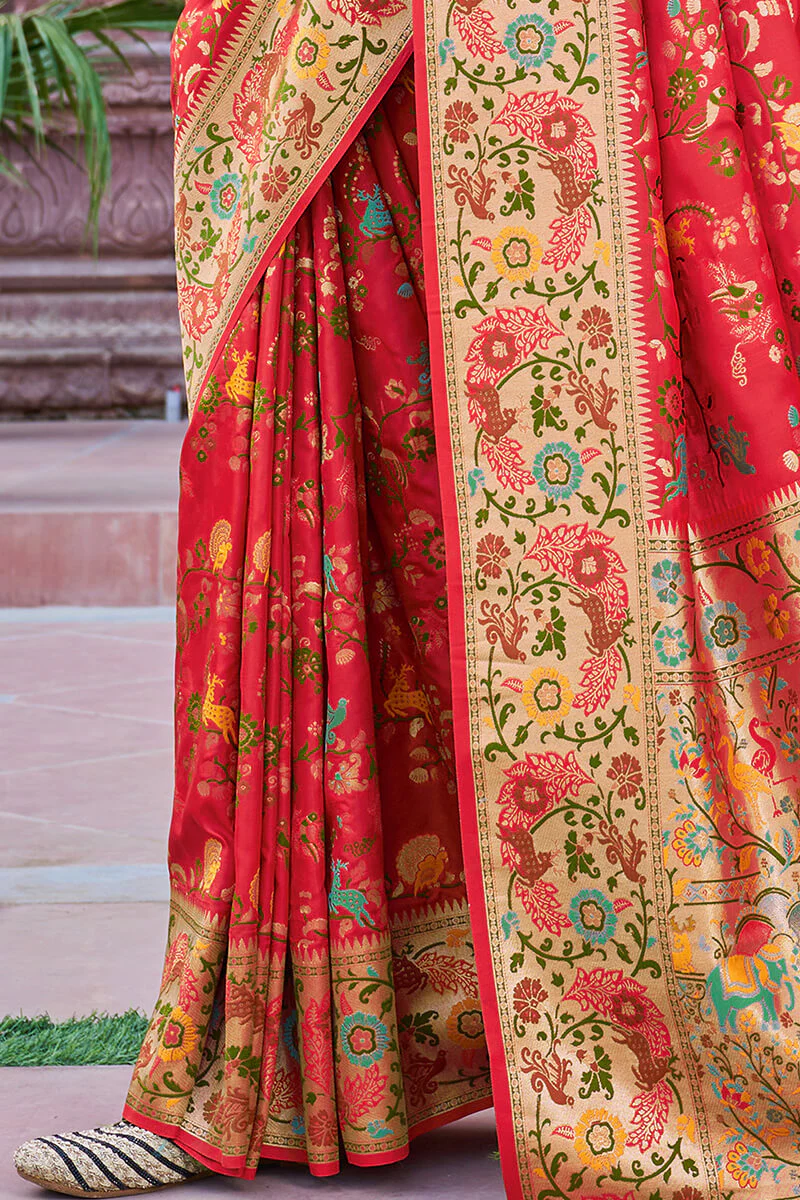 Innovative Red Paithani Silk Saree With Bucolic Blouse Piece - Image 6