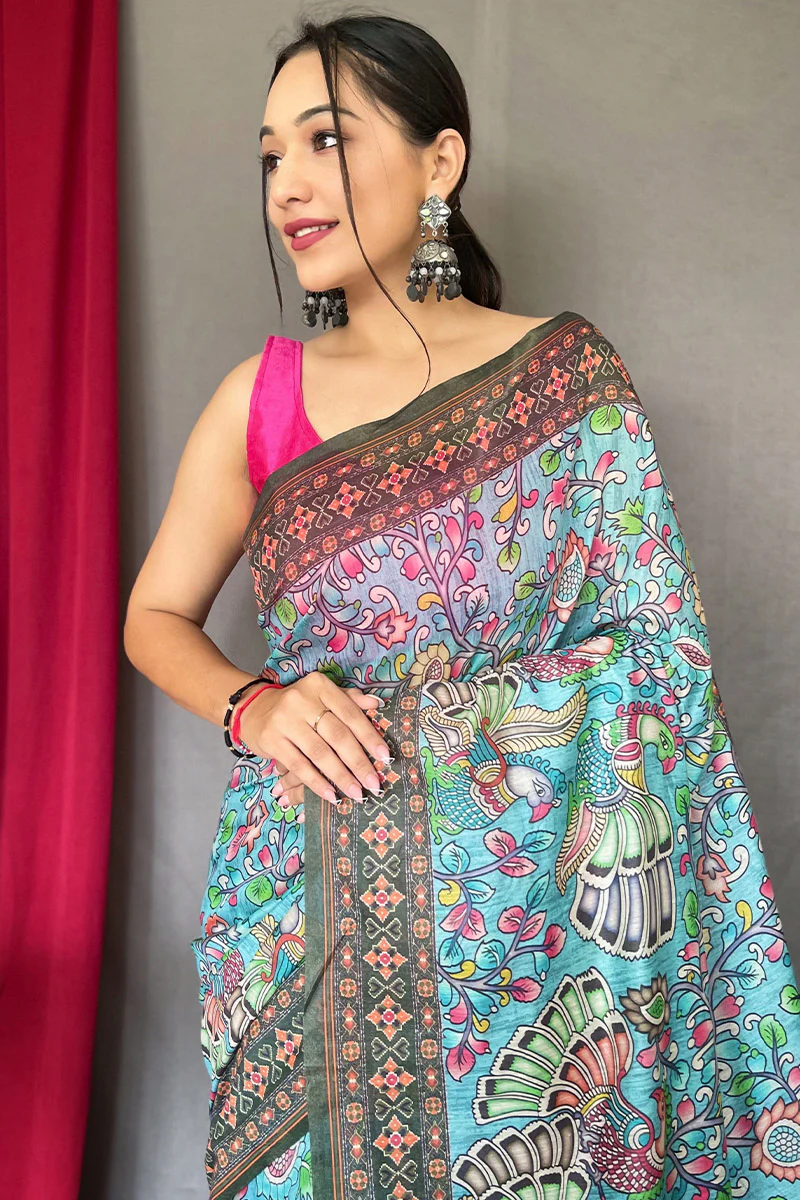 Innovative Sky Kalamkari Printed Saree With Preferable Blouse Piece - Image 2