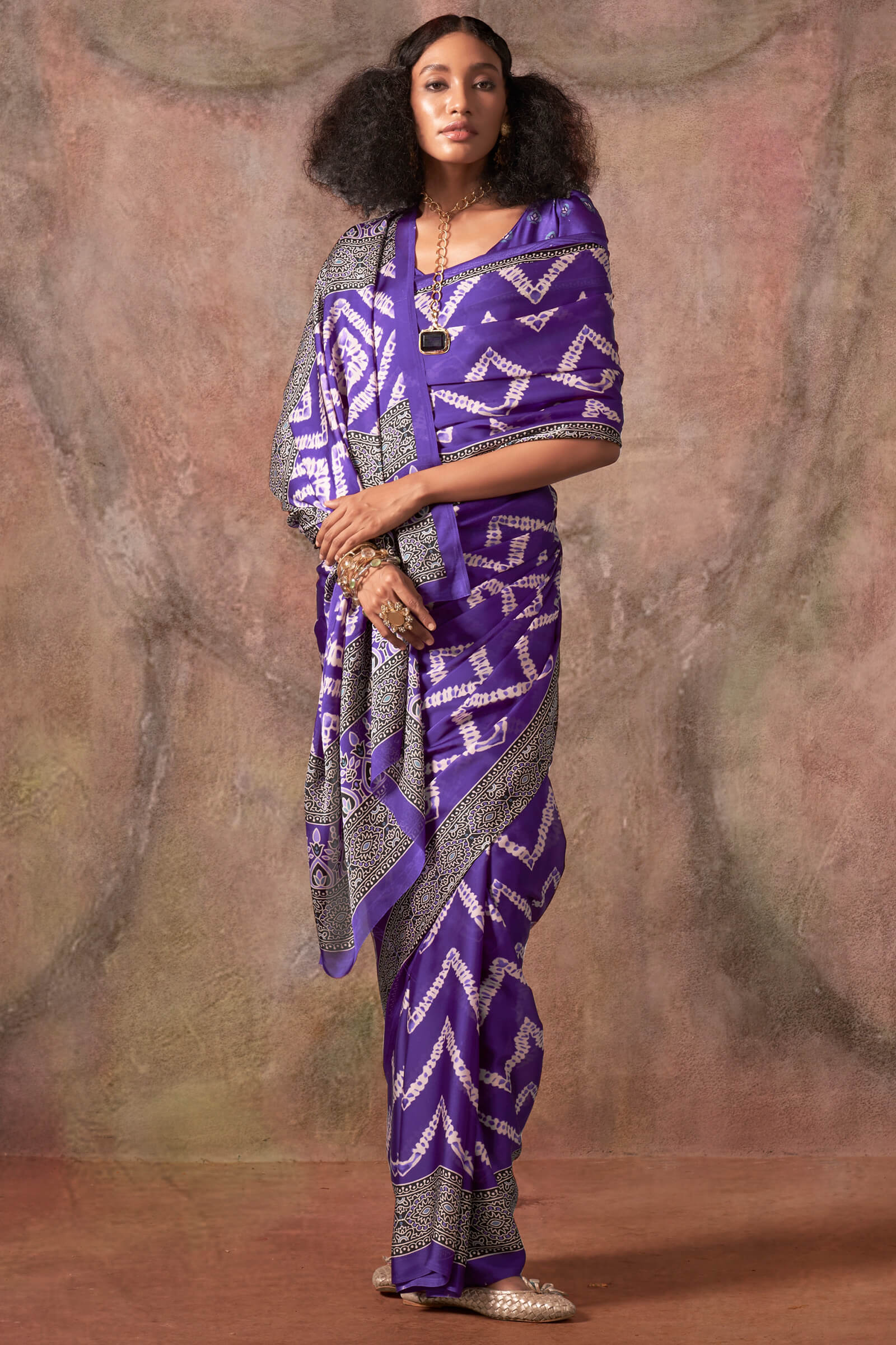 Innovative Violet Ajrakh Printed Satin Silk Saree With Exquisite Blouse Piece - Image 2
