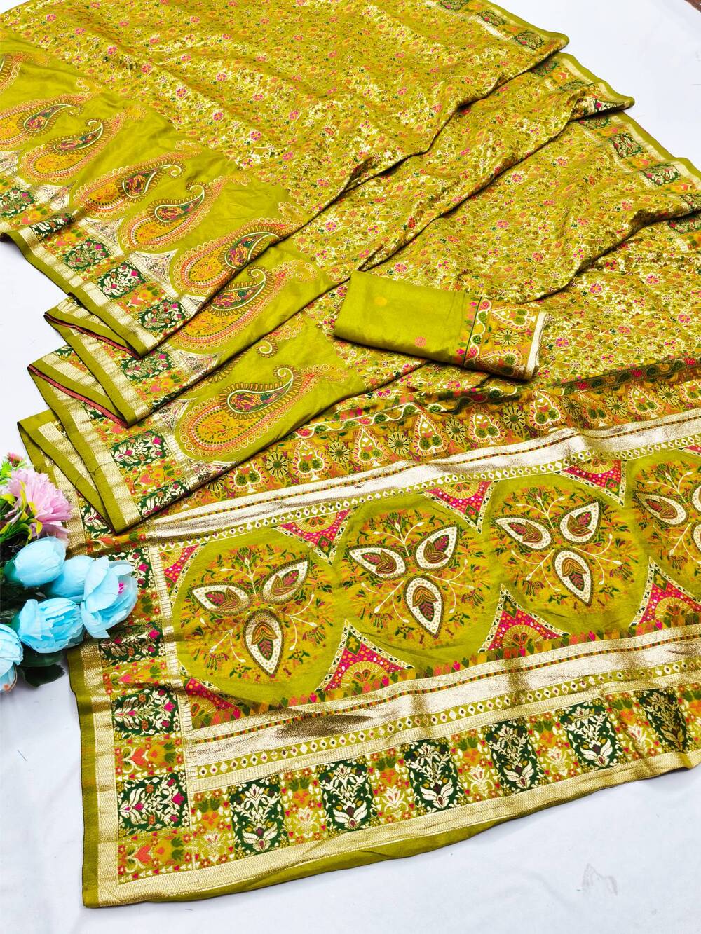 Inspiring Mehndi Nylon Dola Pashmina Saree With Dulcet Blouse Piece - Image 5