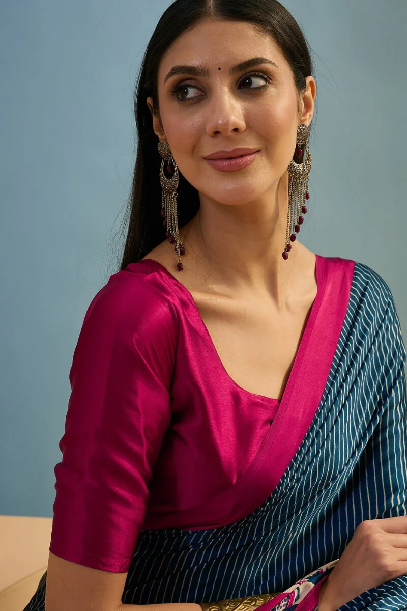 Inspiring Navy Blue Ajrakh Printed Semi Modal Silk Saree With Fugacious Blouse Piece - Image 4