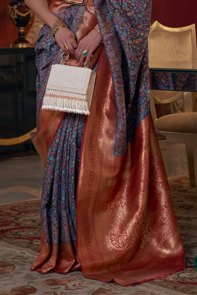 Inspiring Navy Blue Pashmina saree With insanely Blouse Piece - Image 4