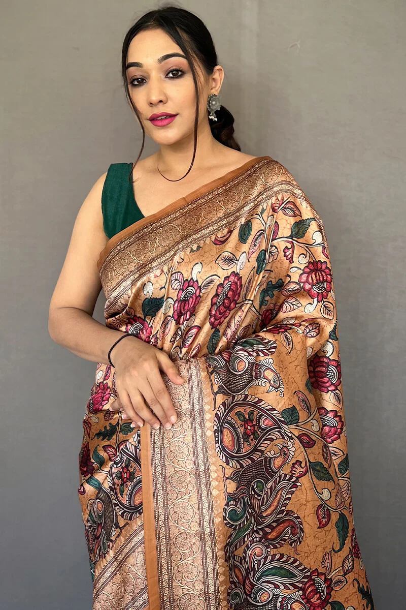 Inspiring Peach Kalamkari Printed Soft Silk Saree With Exceptional Blouse Piece - Image 2