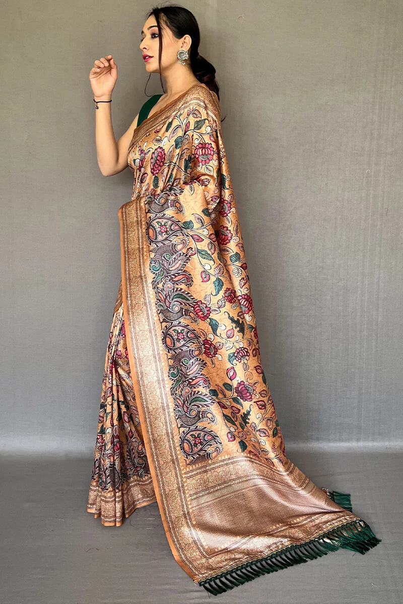 Inspiring Peach Kalamkari Printed Soft Silk Saree With Exceptional Blouse Piece - Image 3