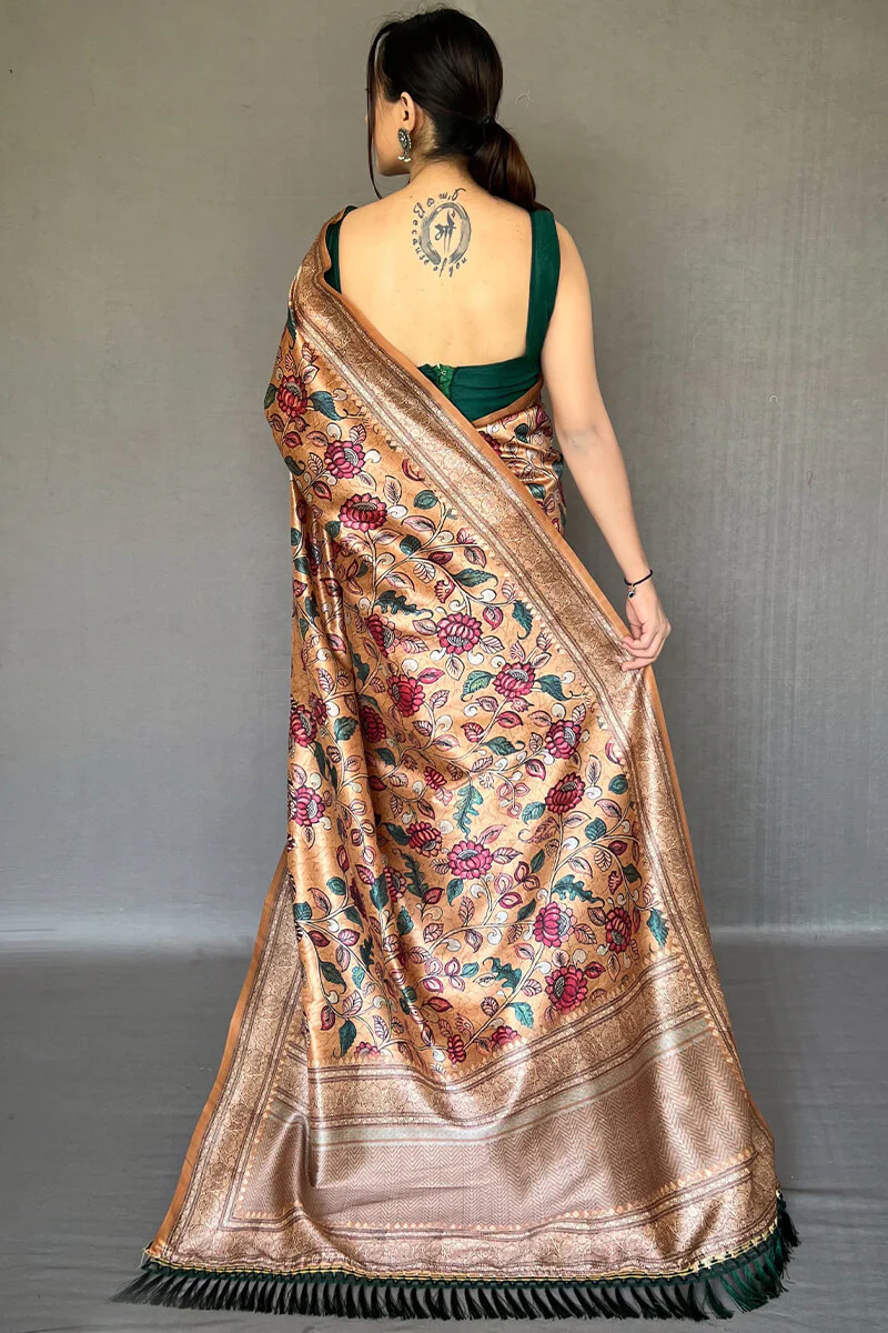 Inspiring Peach Kalamkari Printed Soft Silk Saree With Exceptional Blouse Piece - Image 4