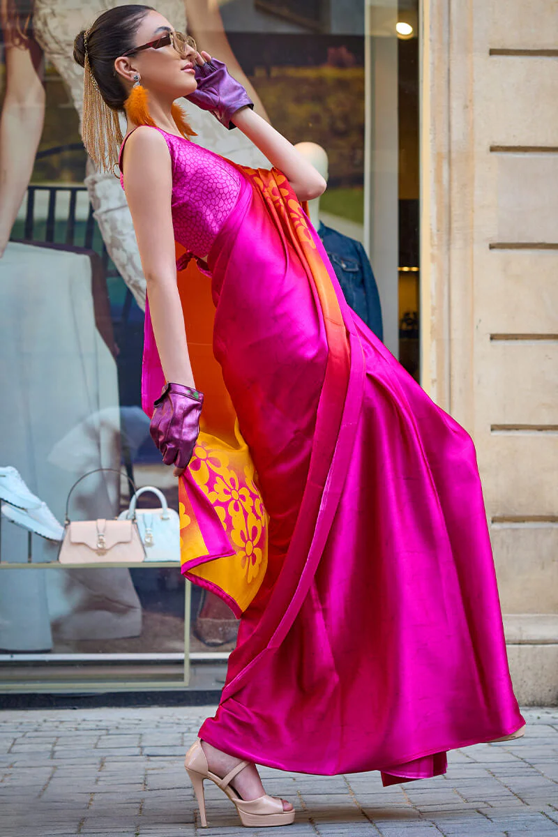 Inspiring Pink and Yellow Digital Printed Satin Silk Saree With Fairytale Blouse Piece - Image 3