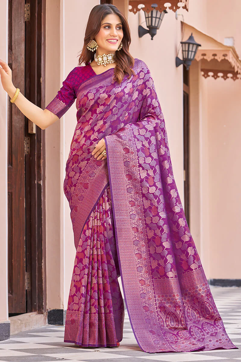 Inspiring Purple Kanjivaram Silk Saree With Desuetude Blouse Piece - Image 3
