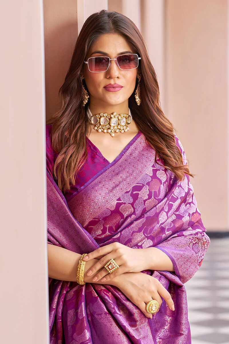 Inspiring Purple Kanjivaram Silk Saree With Desuetude Blouse Piece - Image 5