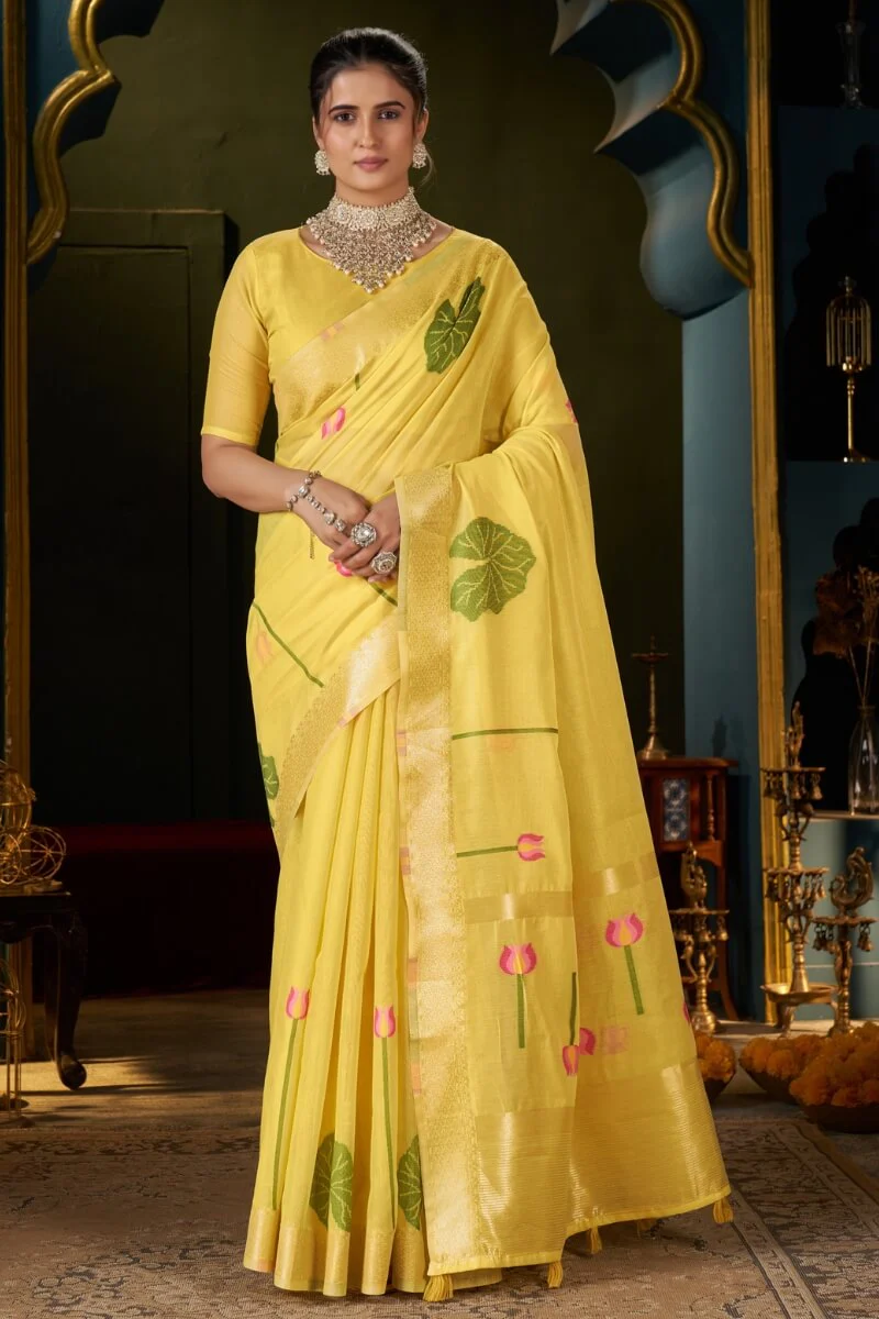 Inspiring Yellow Cotton Silk Saree With Sizzling Blouse Piece