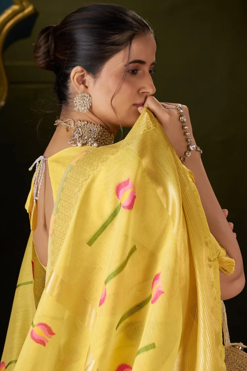 Inspiring Yellow Cotton Silk Saree With Sizzling Blouse Piece - Image 2