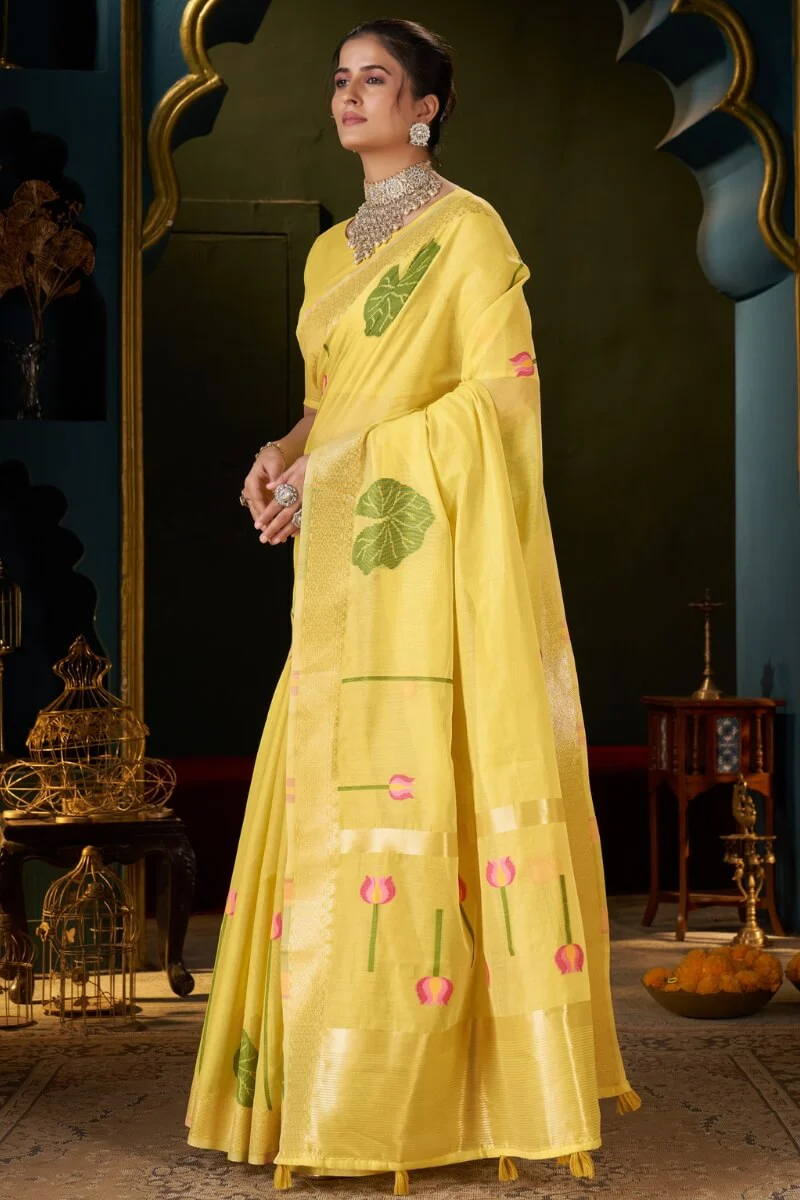 Inspiring Yellow Cotton Silk Saree With Sizzling Blouse Piece - Image 3