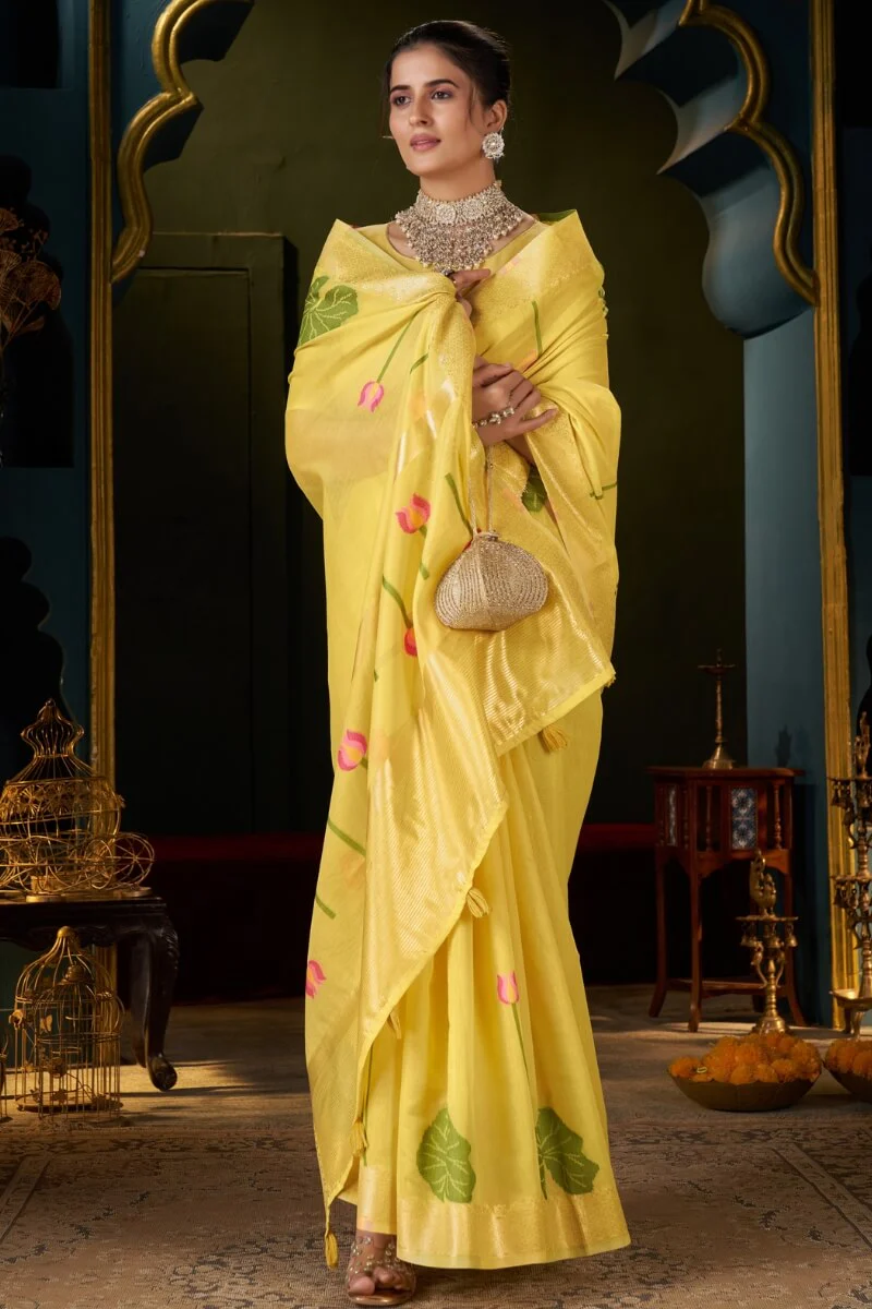 Inspiring Yellow Cotton Silk Saree With Sizzling Blouse Piece - Image 5