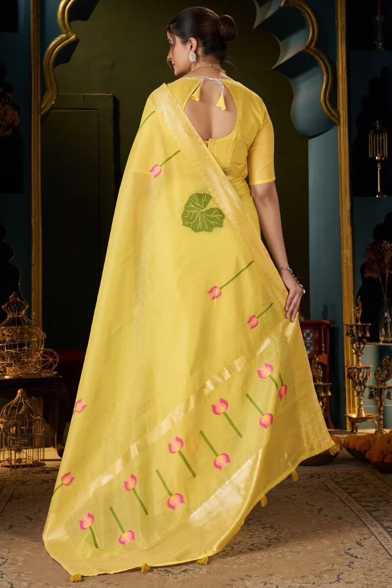 Inspiring Yellow Cotton Silk Saree With Sizzling Blouse Piece - Image 6