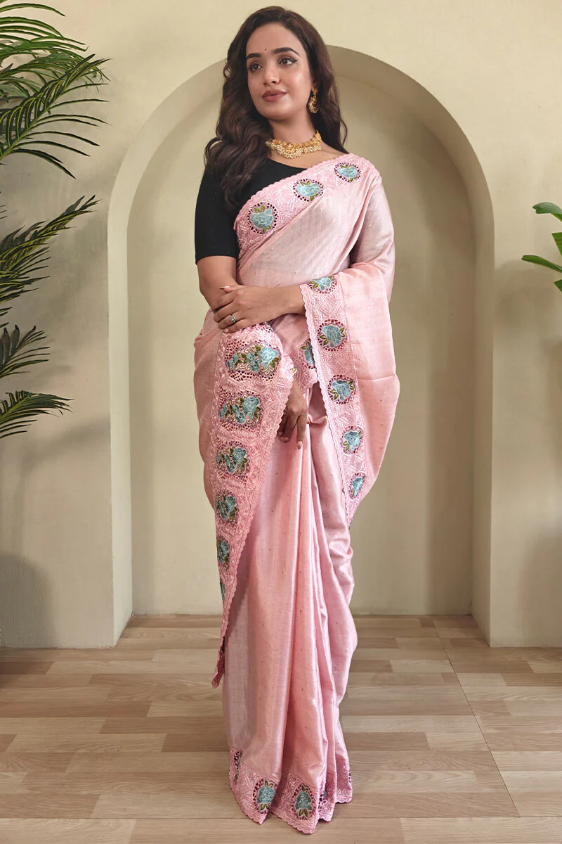 Intricate Baby Pink Embroidery Work Tussar Silk Saree With Sensational Blouse Piece - Image 3