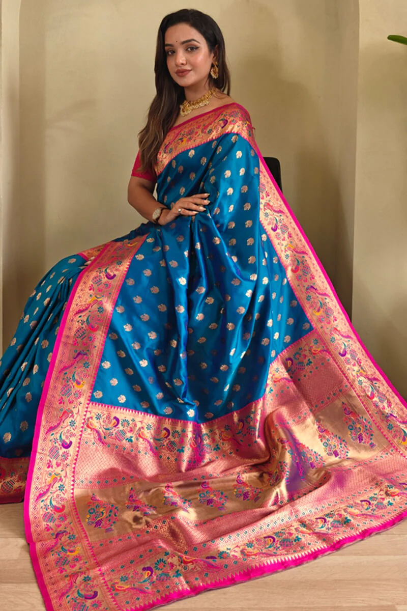 Intricate Blue Paithani Silk Saree With Flaunt Blouse Piece - Image 2