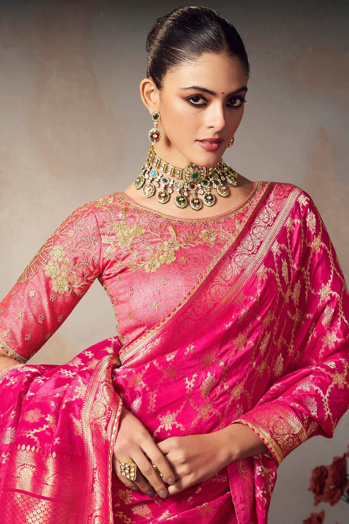Intricate Dark Pink Banarasi Silk Saree With Embroidery Blouse Piece - Image 2