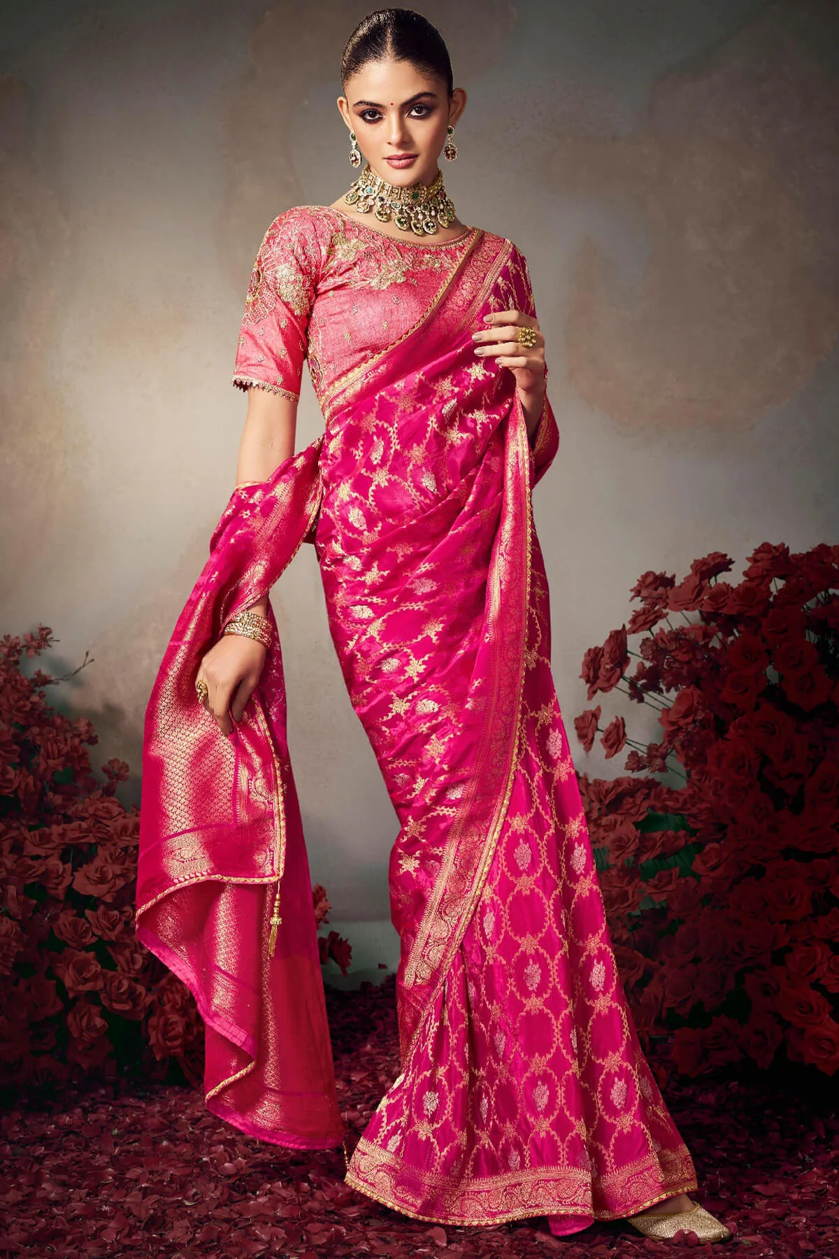 Intricate Dark Pink Banarasi Silk Saree With Embroidery Blouse Piece - Image 3
