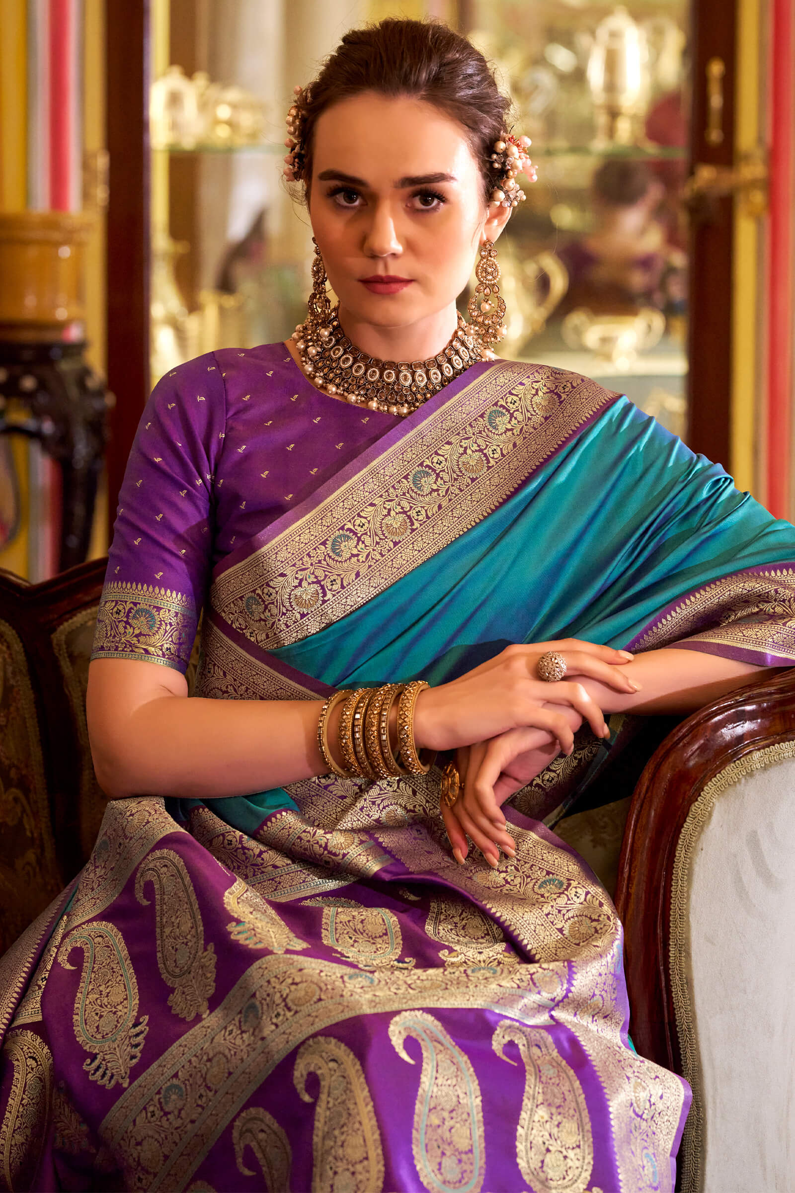 Intricate Firozi Soft Banarasi Silk Saree With Fairytale Blouse Piece - Image 2