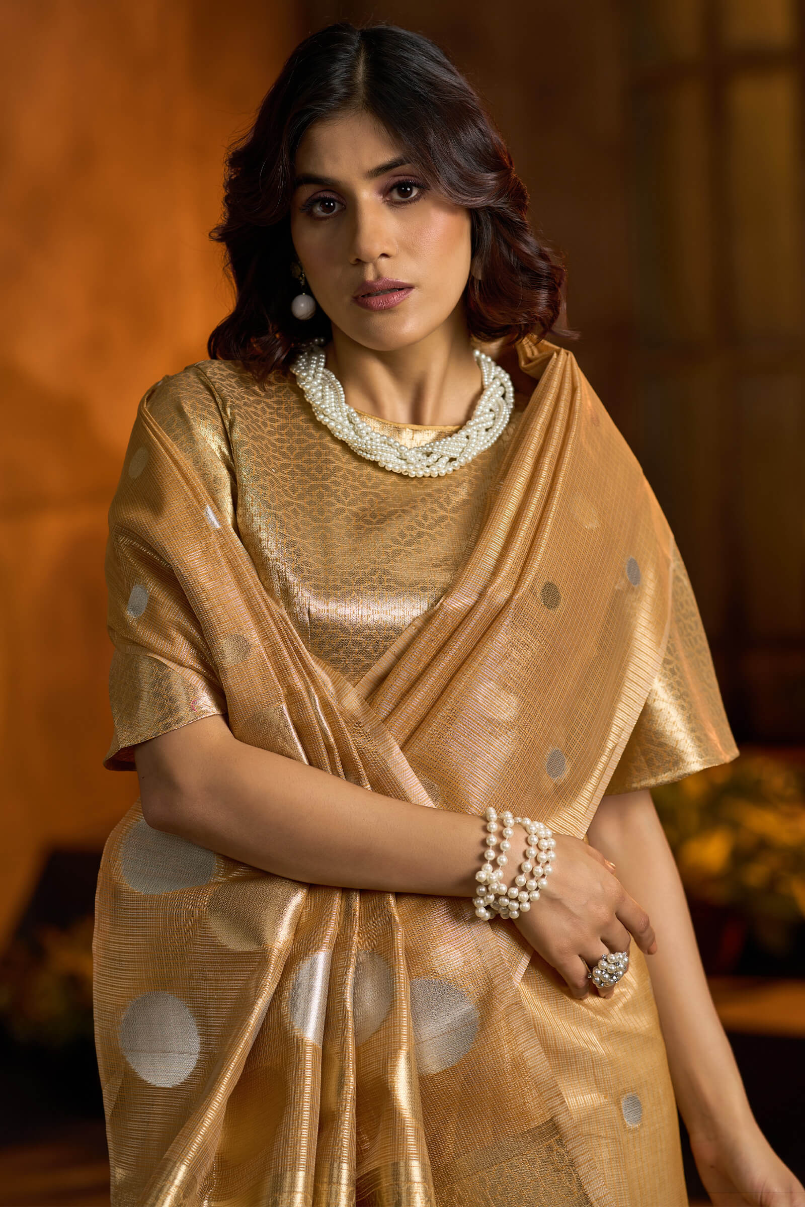 Intricate Golden Soft Banarasi Tissue Silk Saree With Exceptional Blouse Piece - Image 2