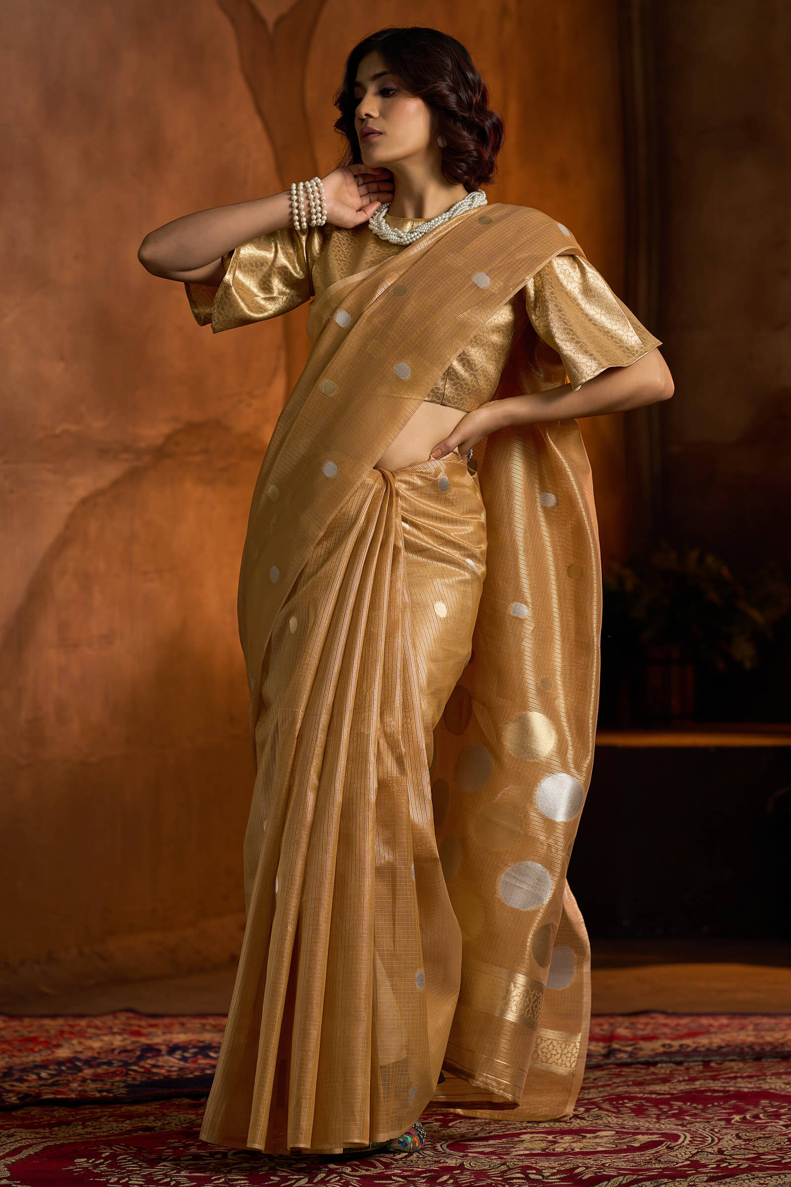 Intricate Golden Soft Banarasi Tissue Silk Saree With Exceptional Blouse Piece - Image 3
