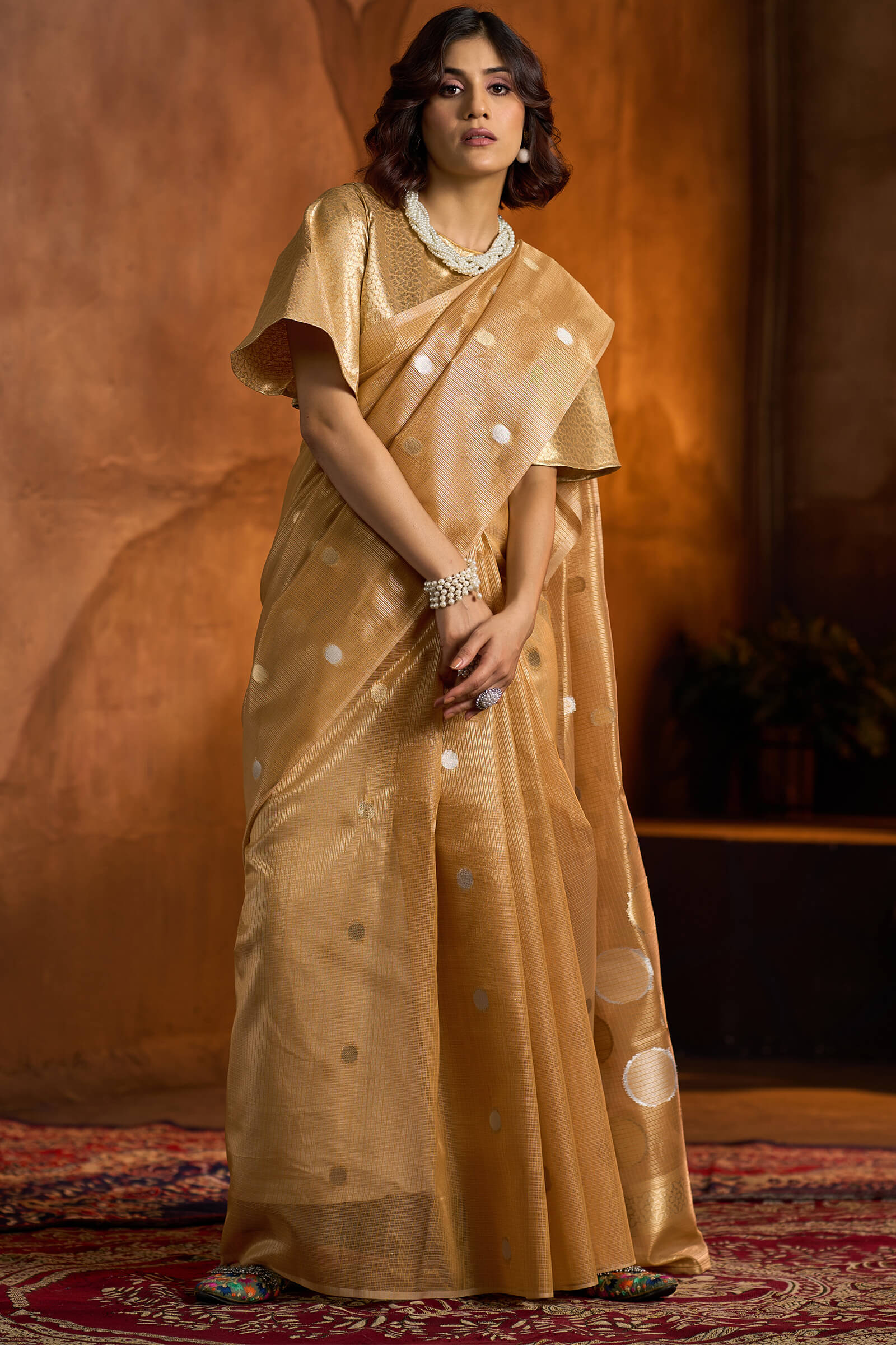 Intricate Golden Soft Banarasi Tissue Silk Saree With Exceptional Blouse Piece - Image 4