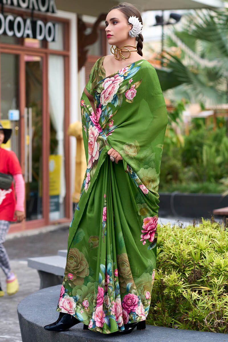 Intricate Green Digital Printed Georgette Saree With Charming Blouse Piece - Image 3