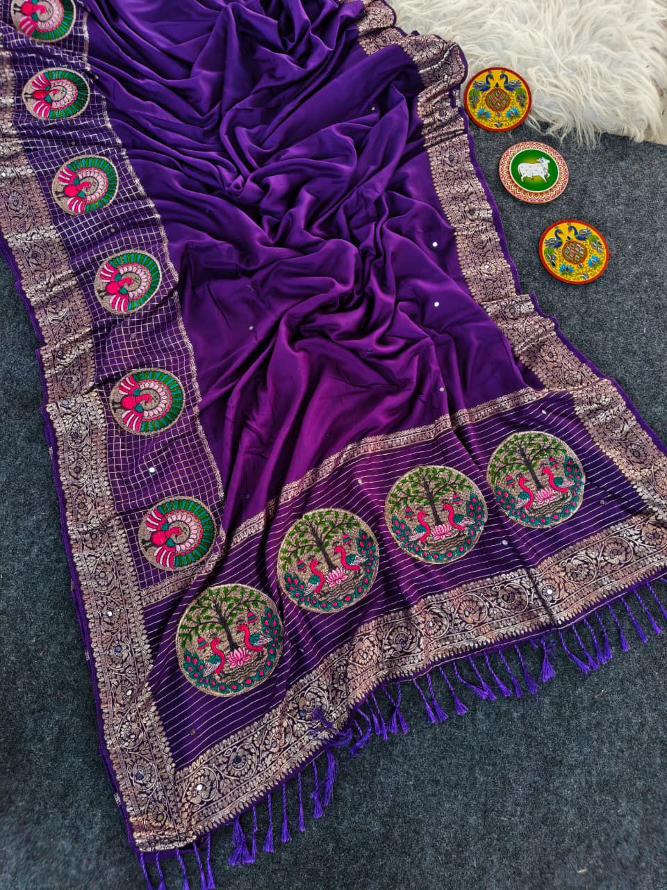 Intricate Purple Embroidery Work Dola Silk Saree With Fairytale Blouse Piece - Image 2