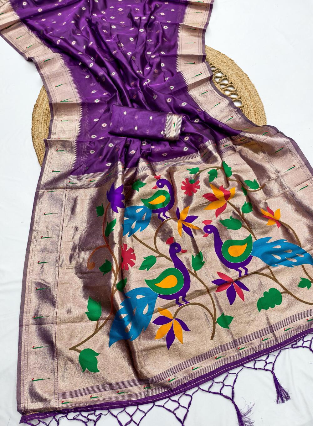 Intricate Royal Purple Paithani Silk Saree With Fairytale Blouse Piece - Image 2