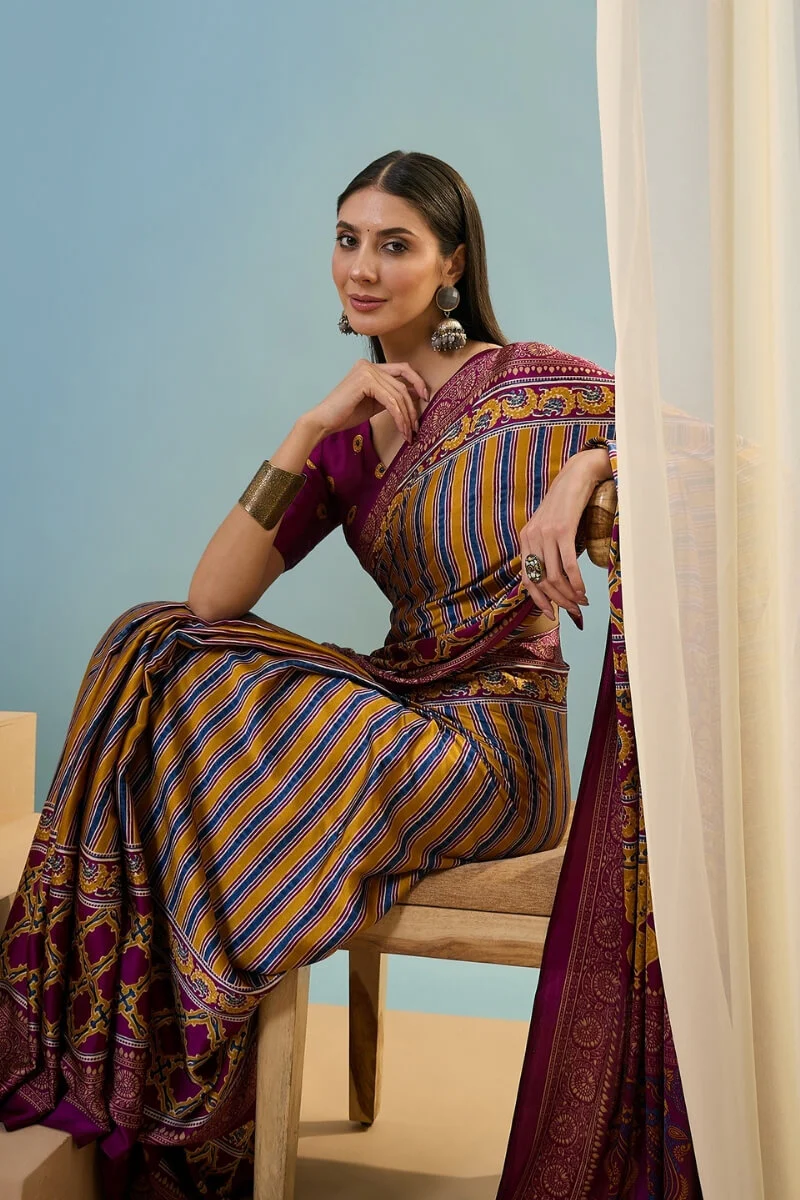 Intricate Yellow Ajrakh Printed Semi Modal Silk Saree With Comely Blouse Piece - Image 2