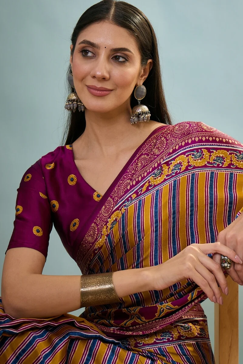 Intricate Yellow Ajrakh Printed Semi Modal Silk Saree With Comely Blouse Piece - Image 4