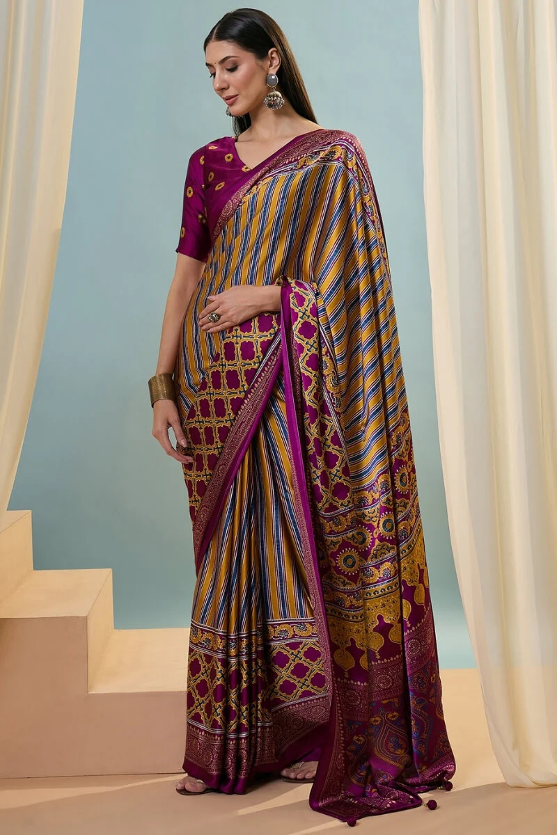 Intricate Yellow Ajrakh Printed Semi Modal Silk Saree With Comely Blouse Piece - Image 5