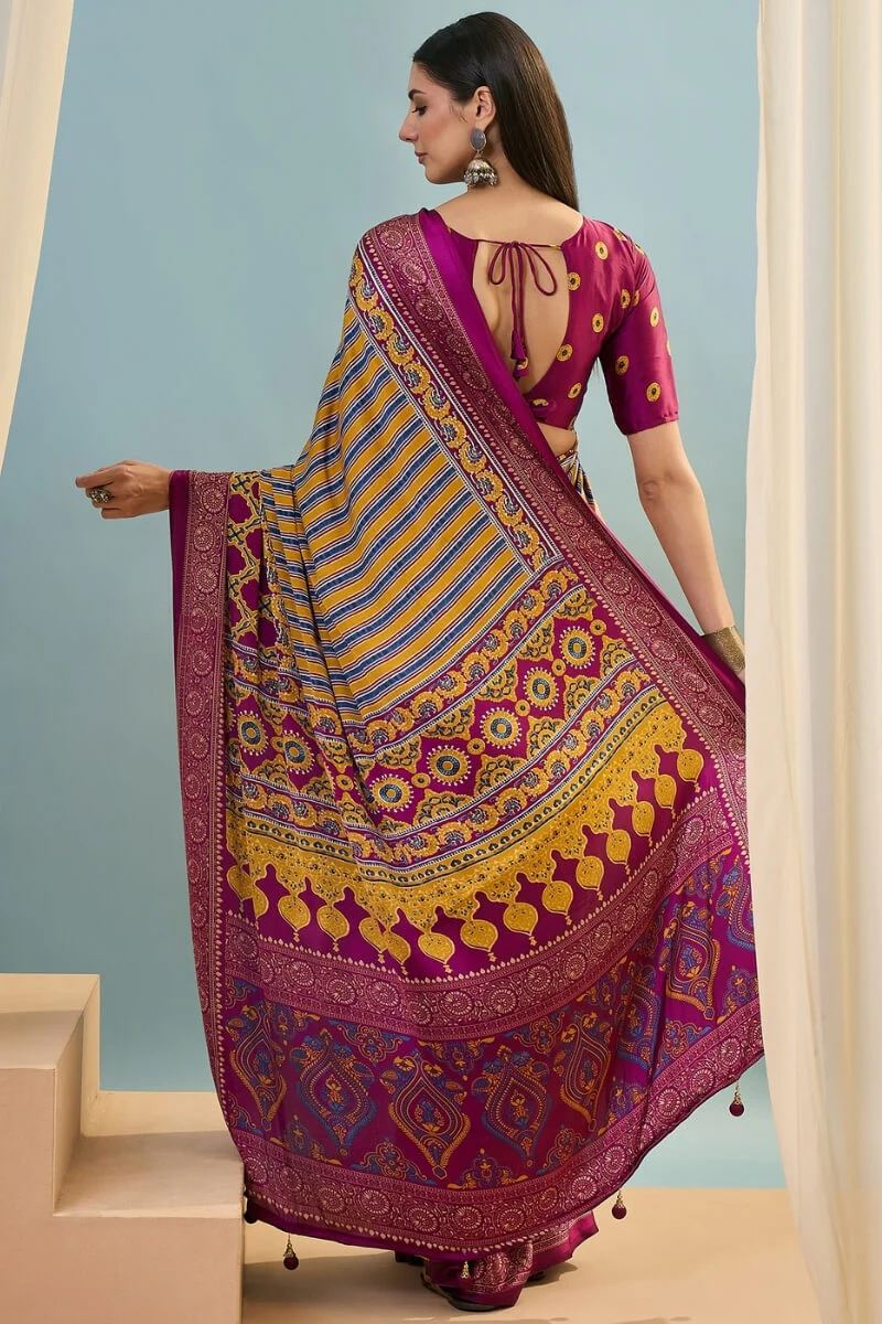 Intricate Yellow Ajrakh Printed Semi Modal Silk Saree With Comely Blouse Piece - Image 7