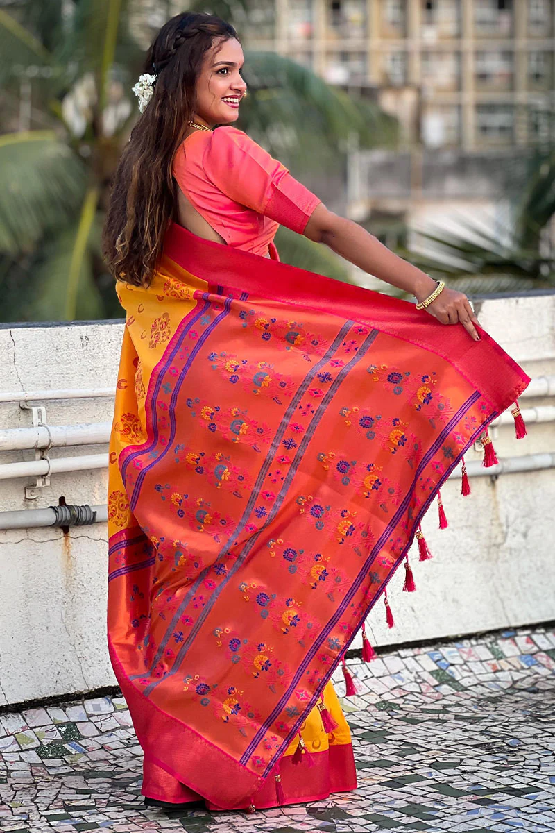 Intricate Yellow Paithani Silk Saree With Phenomenal Blouse Piece - Image 4