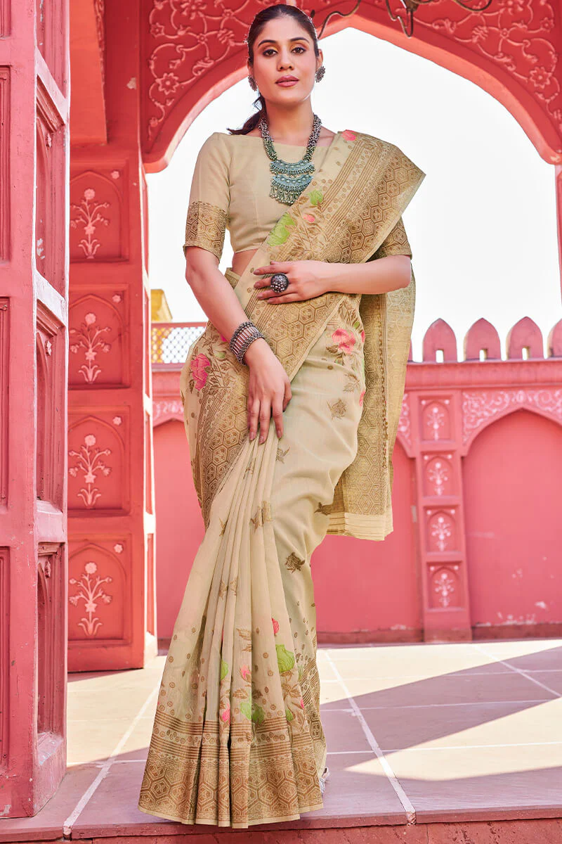Invaluable Beige Cotton Silk Saree With Blooming Blouse Piece - Image 3