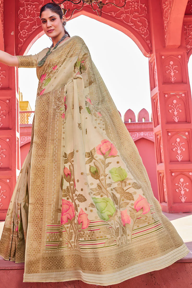 Invaluable Beige Cotton Silk Saree With Blooming Blouse Piece - Image 4