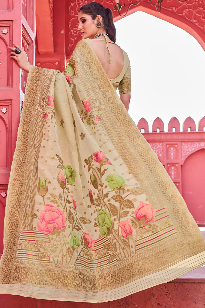 Invaluable Beige Cotton Silk Saree With Blooming Blouse Piece - Image 5