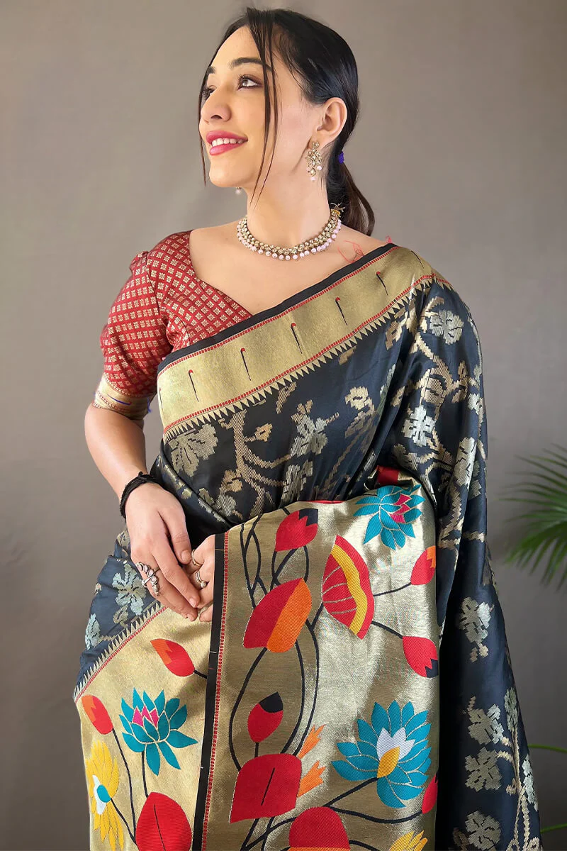 Invaluable Black Paithani Silk Saree With Designer Blouse Piece - Image 2