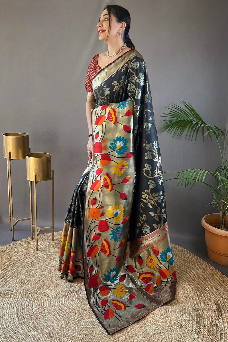 Invaluable Black Paithani Silk Saree With Designer Blouse Piece - Image 3
