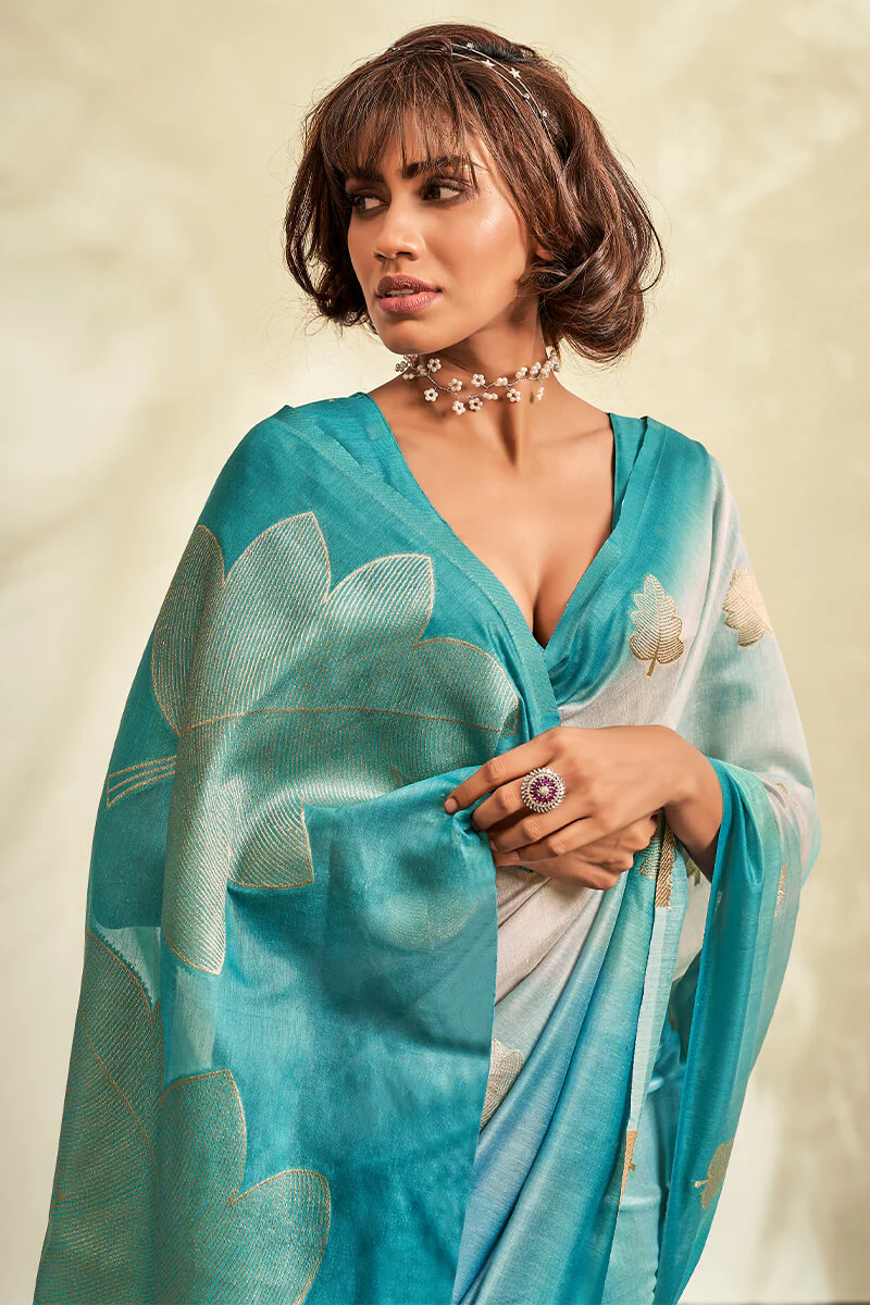 Invaluable Firozi Soft Banarasi Silk Saree With Charming Blouse Piece - Image 4