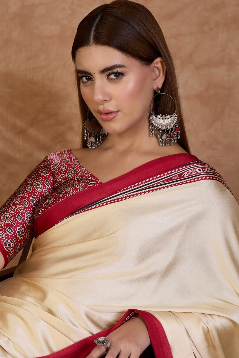 Invaluable Off White Ajrakh Printed Semi Modal Silk Saree With Capricious Blouse Piece - Image 2