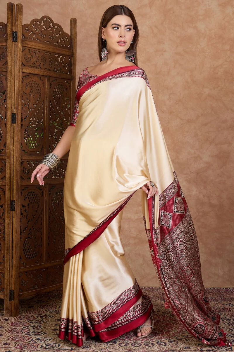Invaluable Off White Ajrakh Printed Semi Modal Silk Saree With Capricious Blouse Piece - Image 5