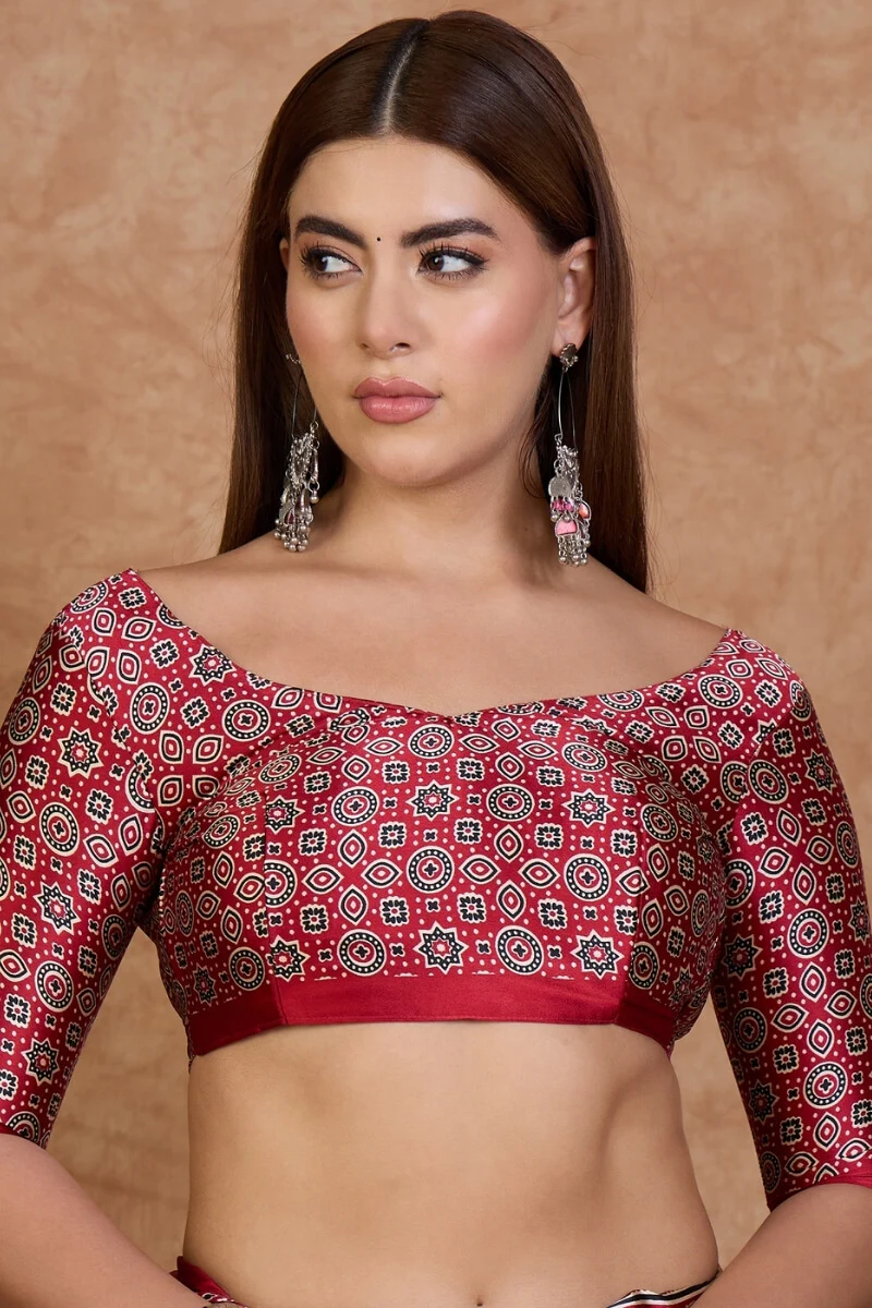 Invaluable Off White Ajrakh Printed Semi Modal Silk Saree With Capricious Blouse Piece - Image 6