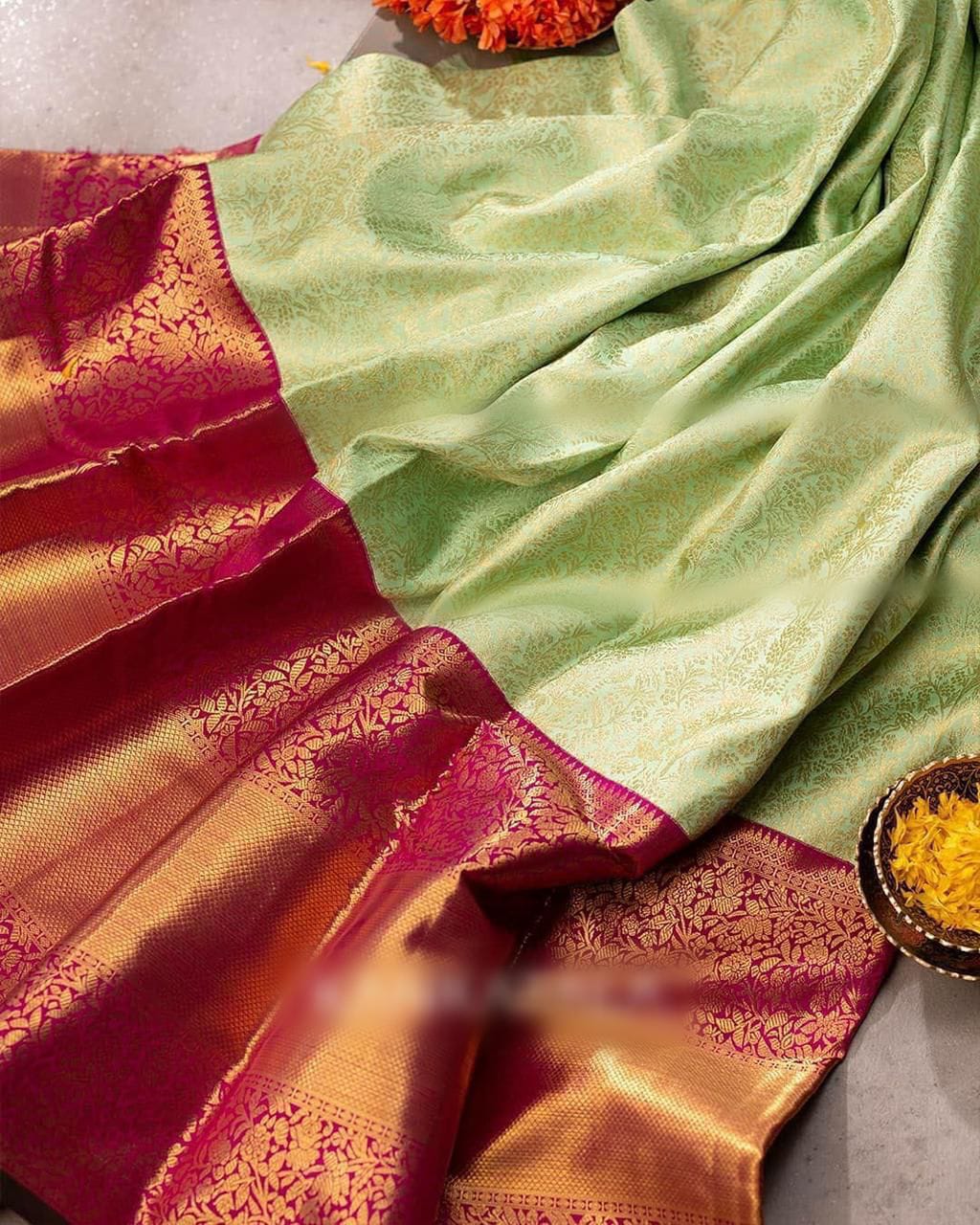 Invaluable Pista Soft Banarasi Silk Saree With Surpassing Blouse Piece - Image 3